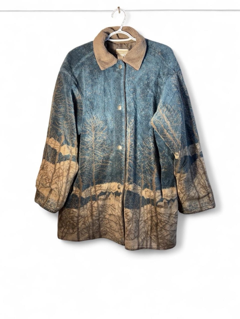Vintage Coldwater Creek Blue and Tan Scenic Teddy Coat
